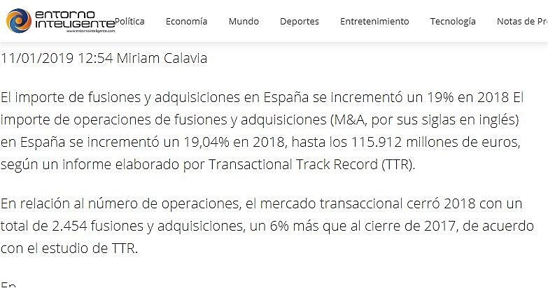 La cifra de fusiones y adquisiciones creci un 6 % en 2018